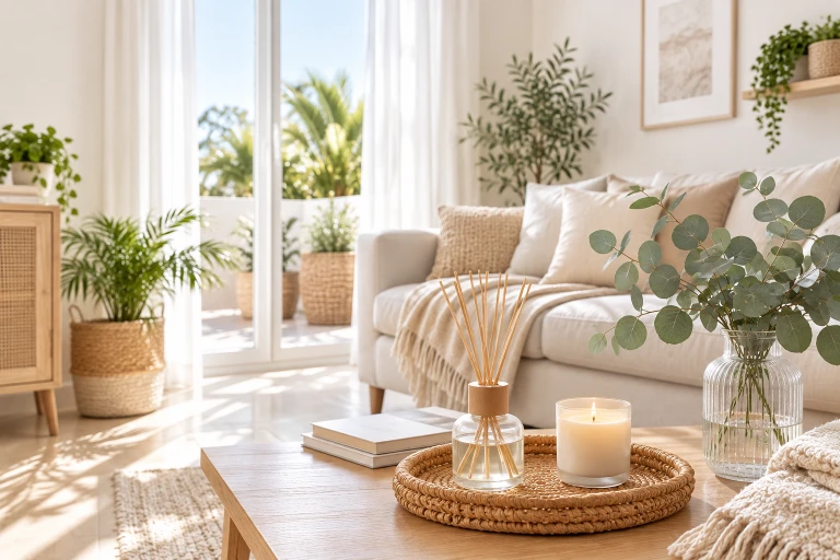 Salón luminoso y limpio con ambiente fresco y acogedor