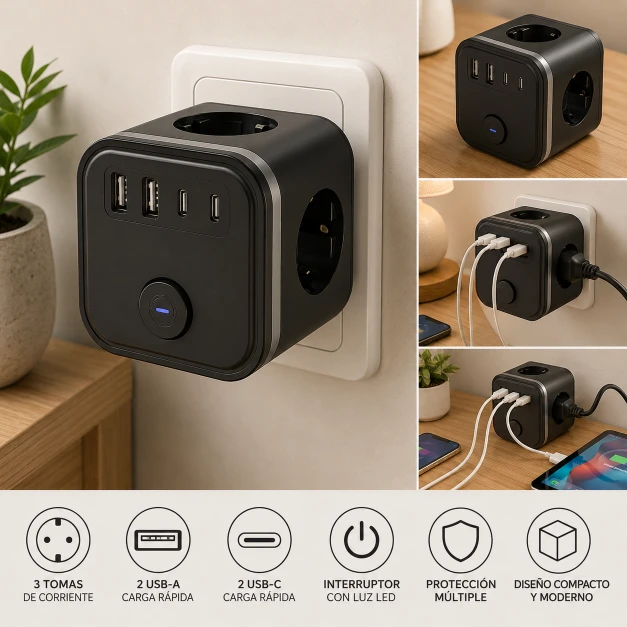 Cubo Enchufe 7 en 1 con USB y USB-C