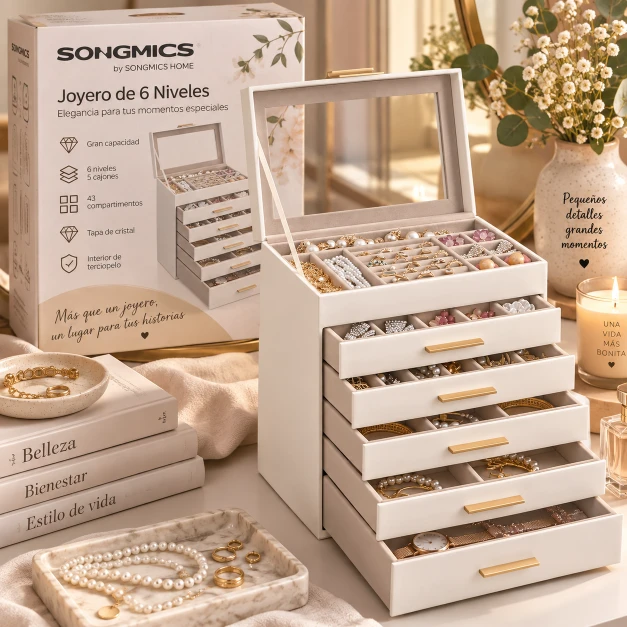 SONGMICS Joyero de 6 Niveles con Tapa de Cristal