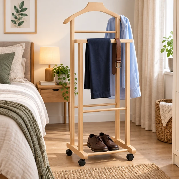 Perchero de Dormitorio de Madera Natural con Ruedas